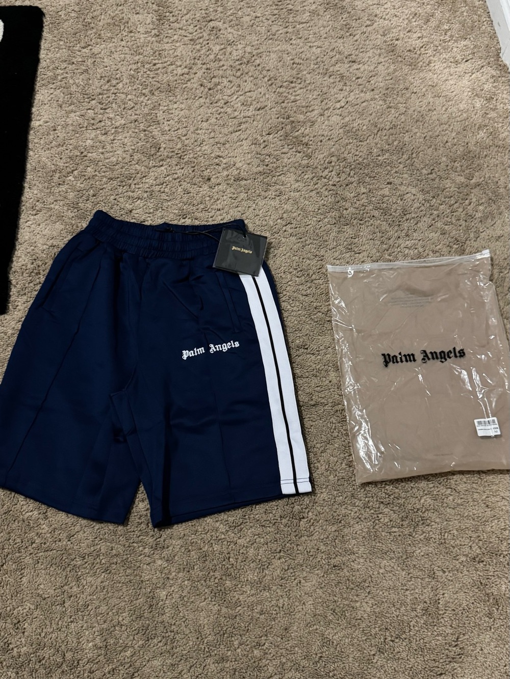 Palm Angels Navy Shorts with White Side Stripes